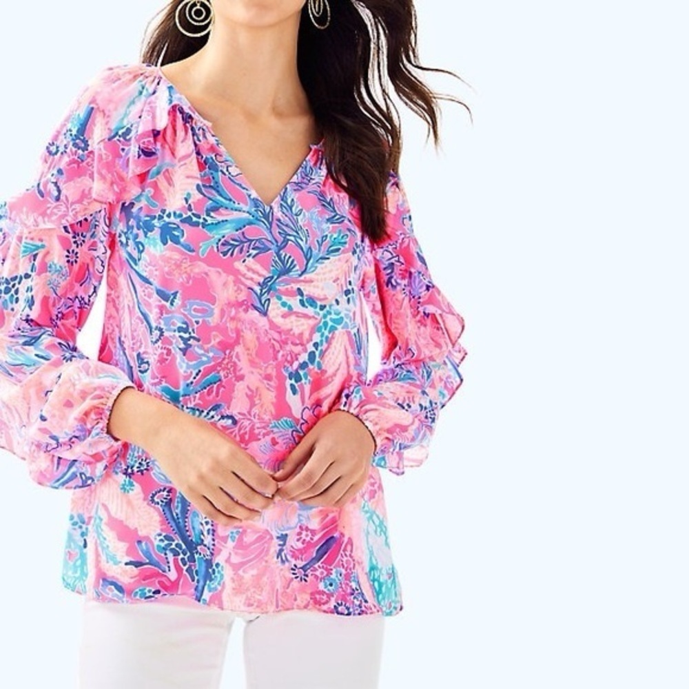 Lilly Pulitzer Elora Ruffle Sleeve Pascha Pink Aquadesiac Top Medium - Picture 8 of 8